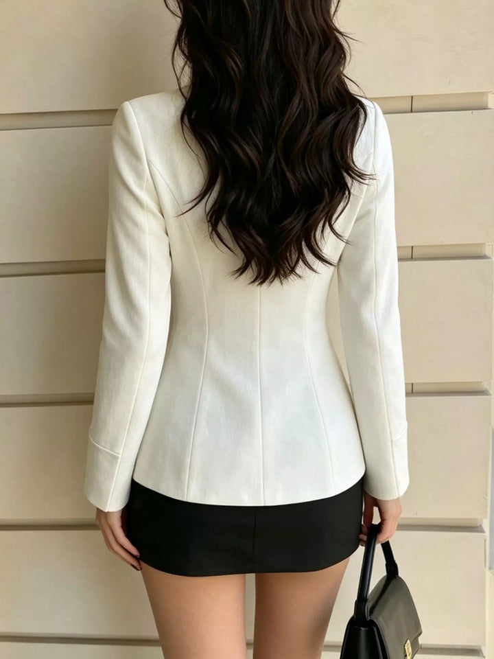 Zip-front mock neck top with flared cuffs