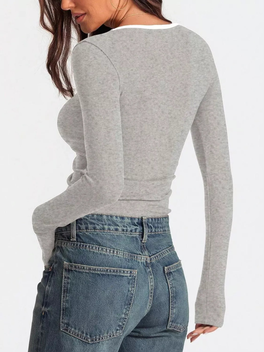 Ribbed contrast-trim square neck long sleeve top