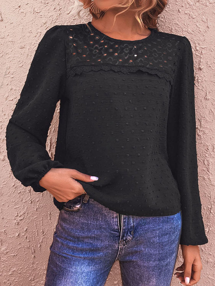 Black Swiss dot balloon sleeve blouse with lace trim yoke