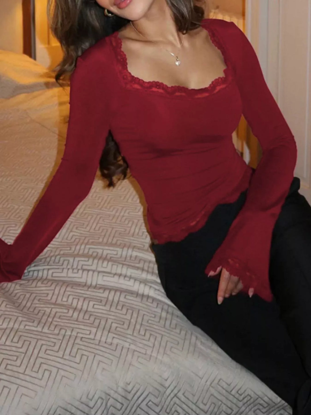 Lace trim long sleeve top with square neck and bell cuffs
