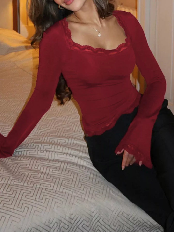 Lace trim long sleeve top with square neck and bell cuffs