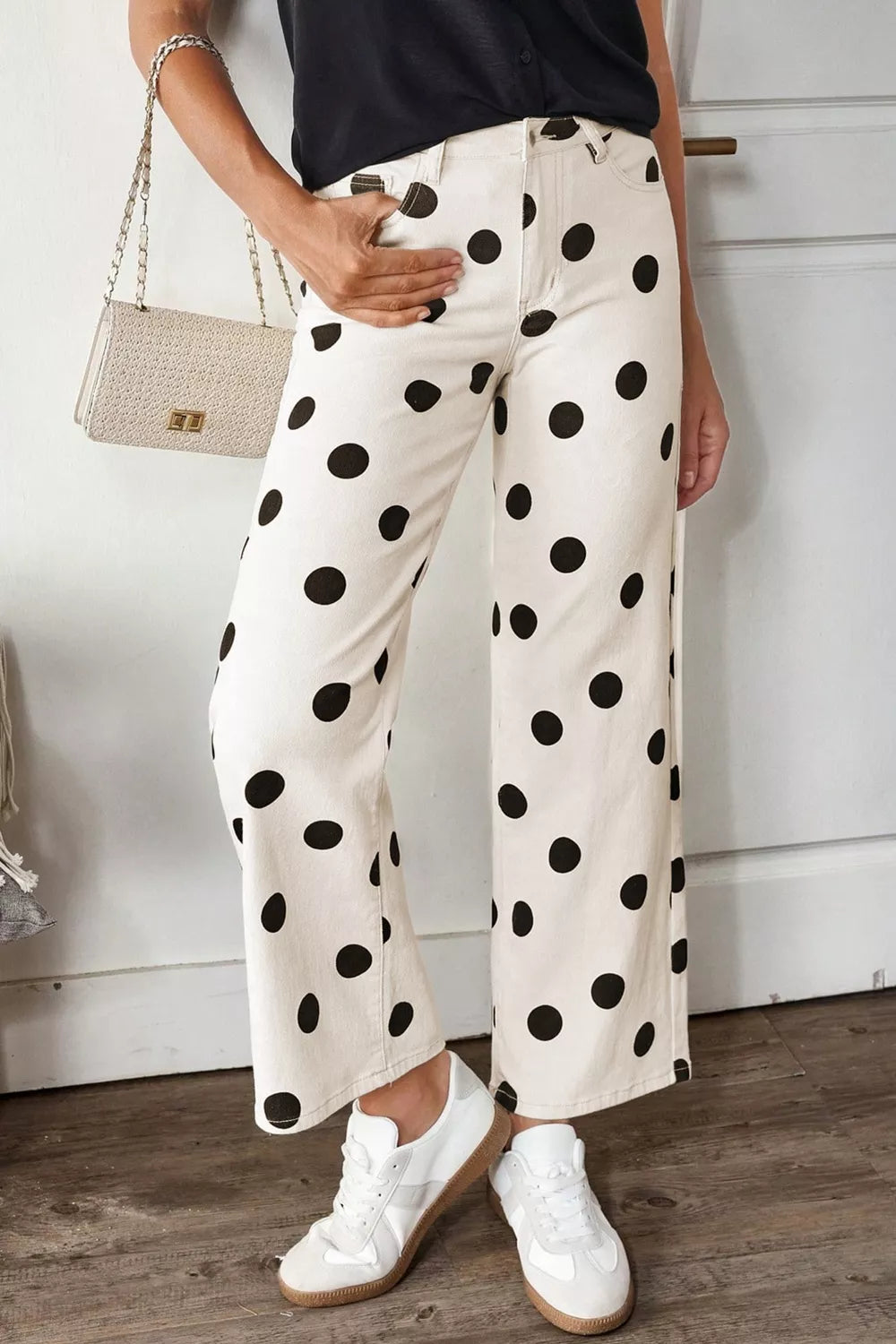 White Polka dot wide-leg high-rise cropped jeans