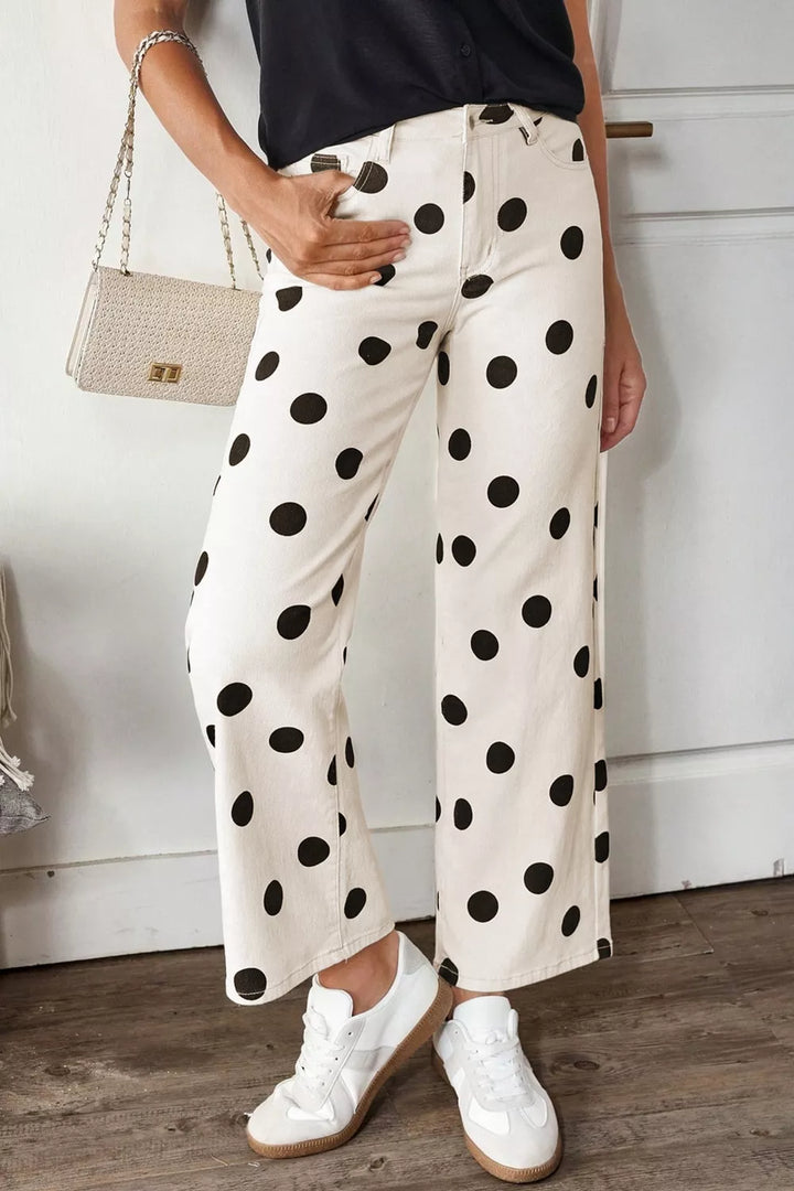 White Polka dot wide-leg high-rise cropped jeans