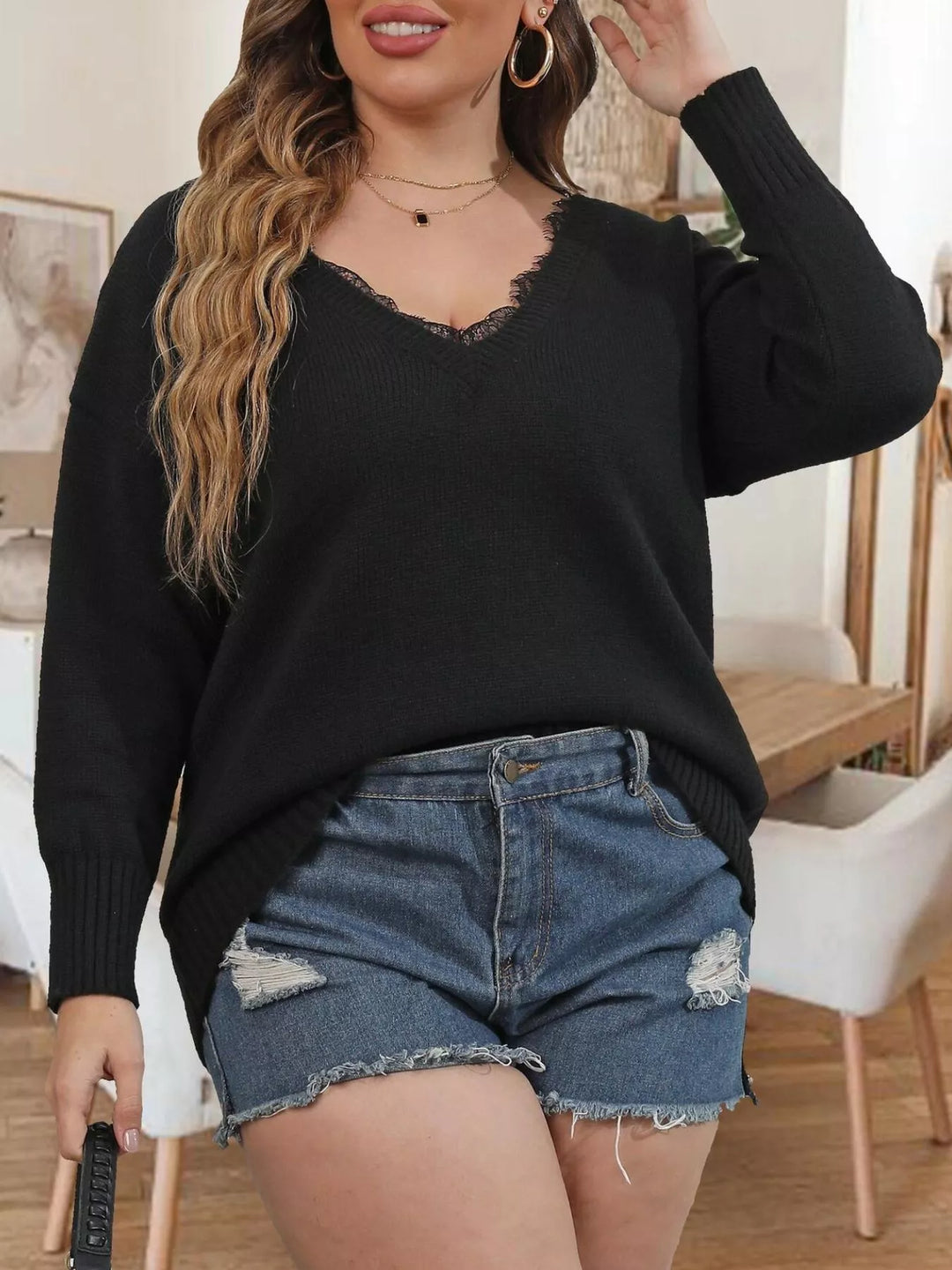 Lace trim V-neck ribbed knit pullover sweater