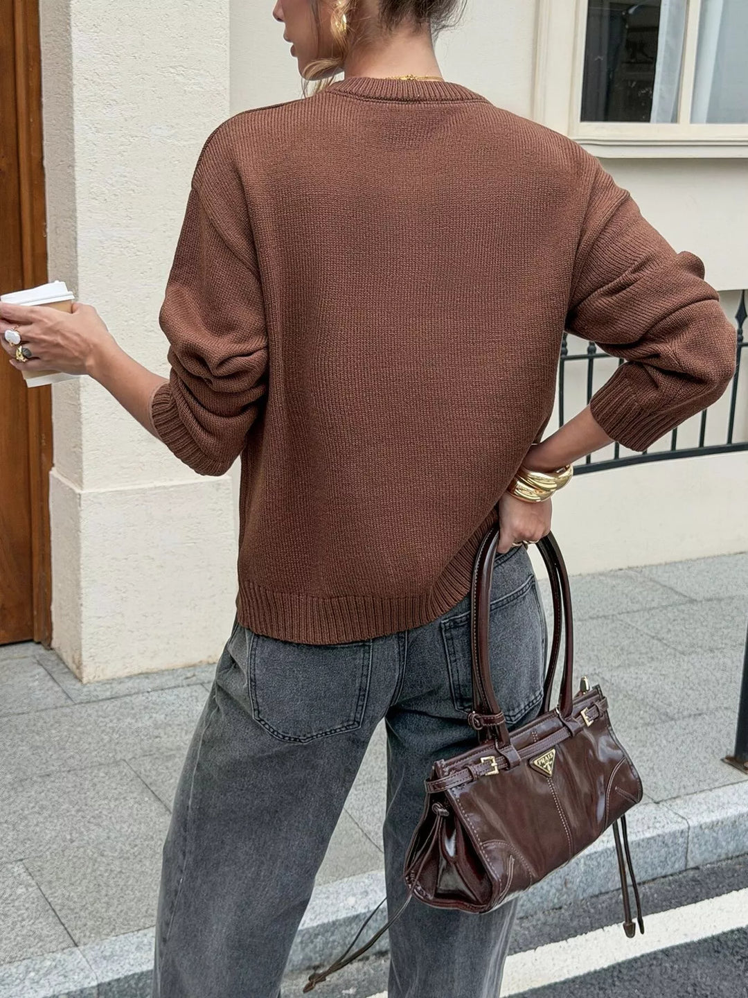 Ribbed trim crew neck drop shoulder pullover sweater
