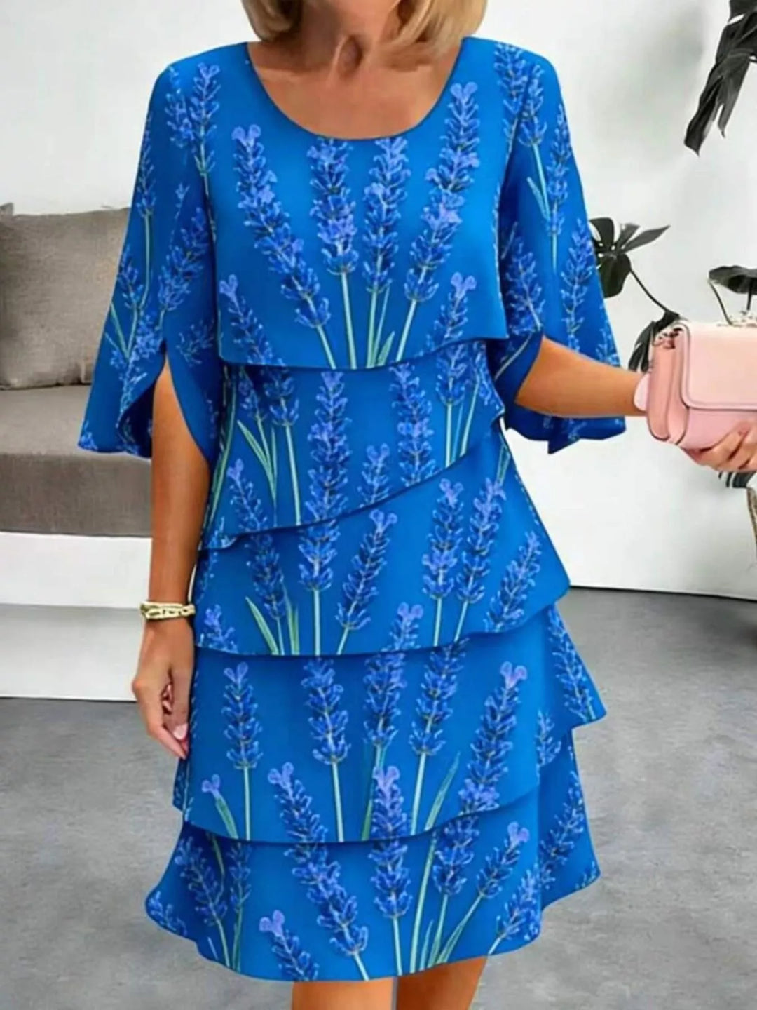 Blue Tiered floral print midi dress with flutter sleeves