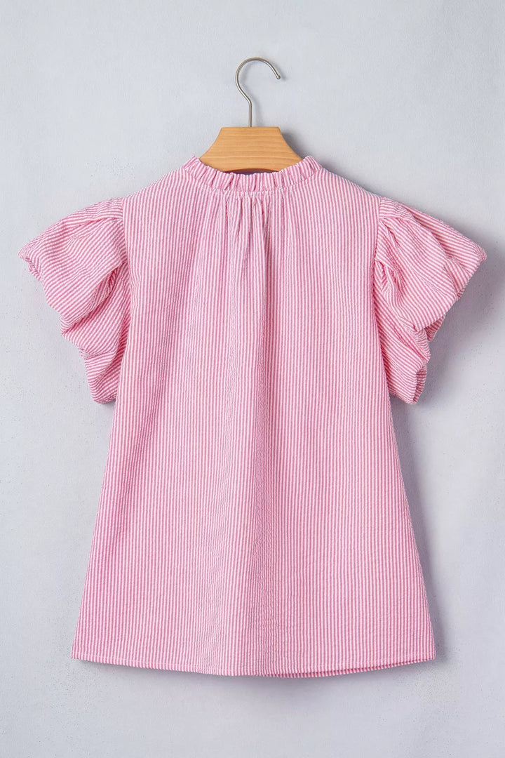 Striped split V-neck blouse with flutter bubble sleeves