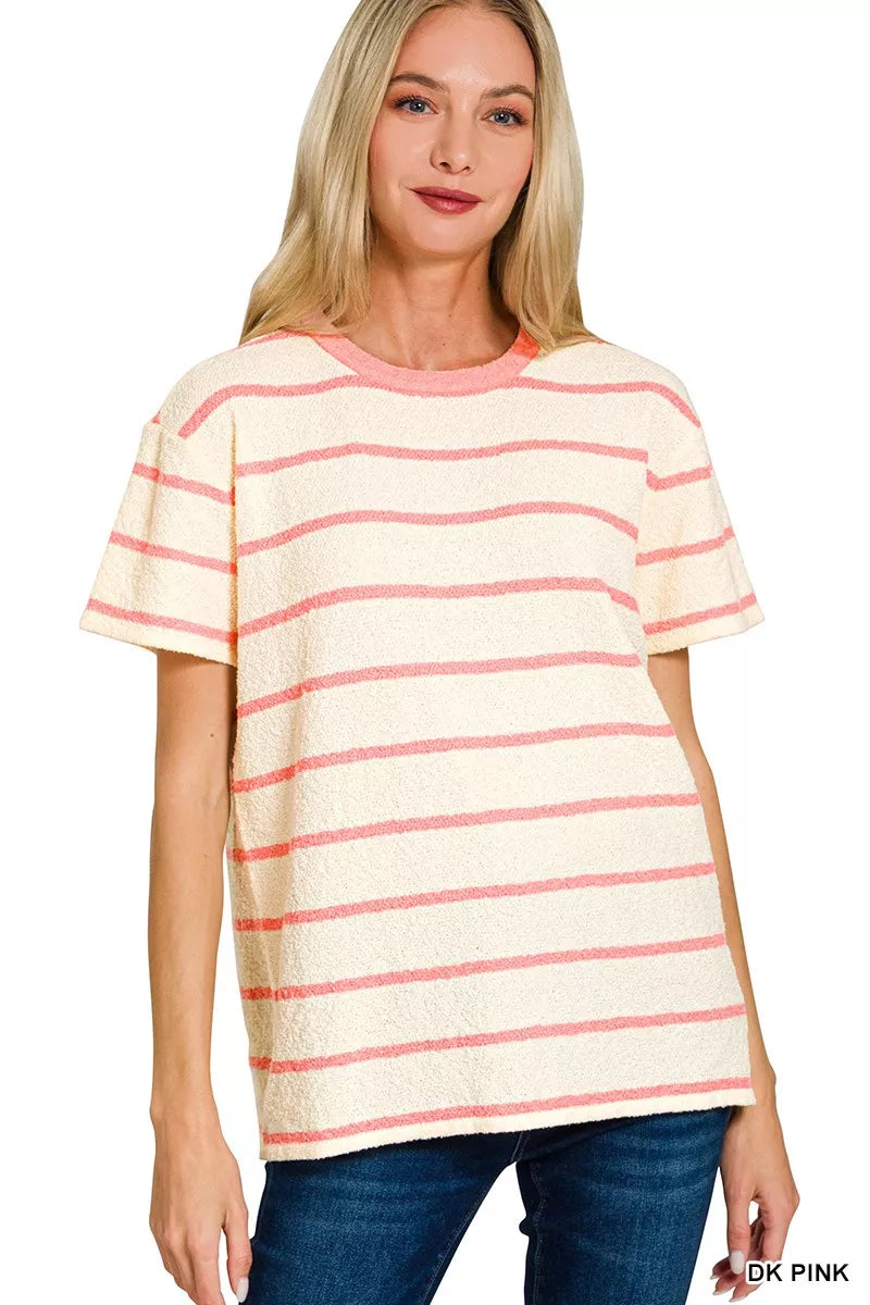 DK PINK Textured striped short sleeve crew neck tee