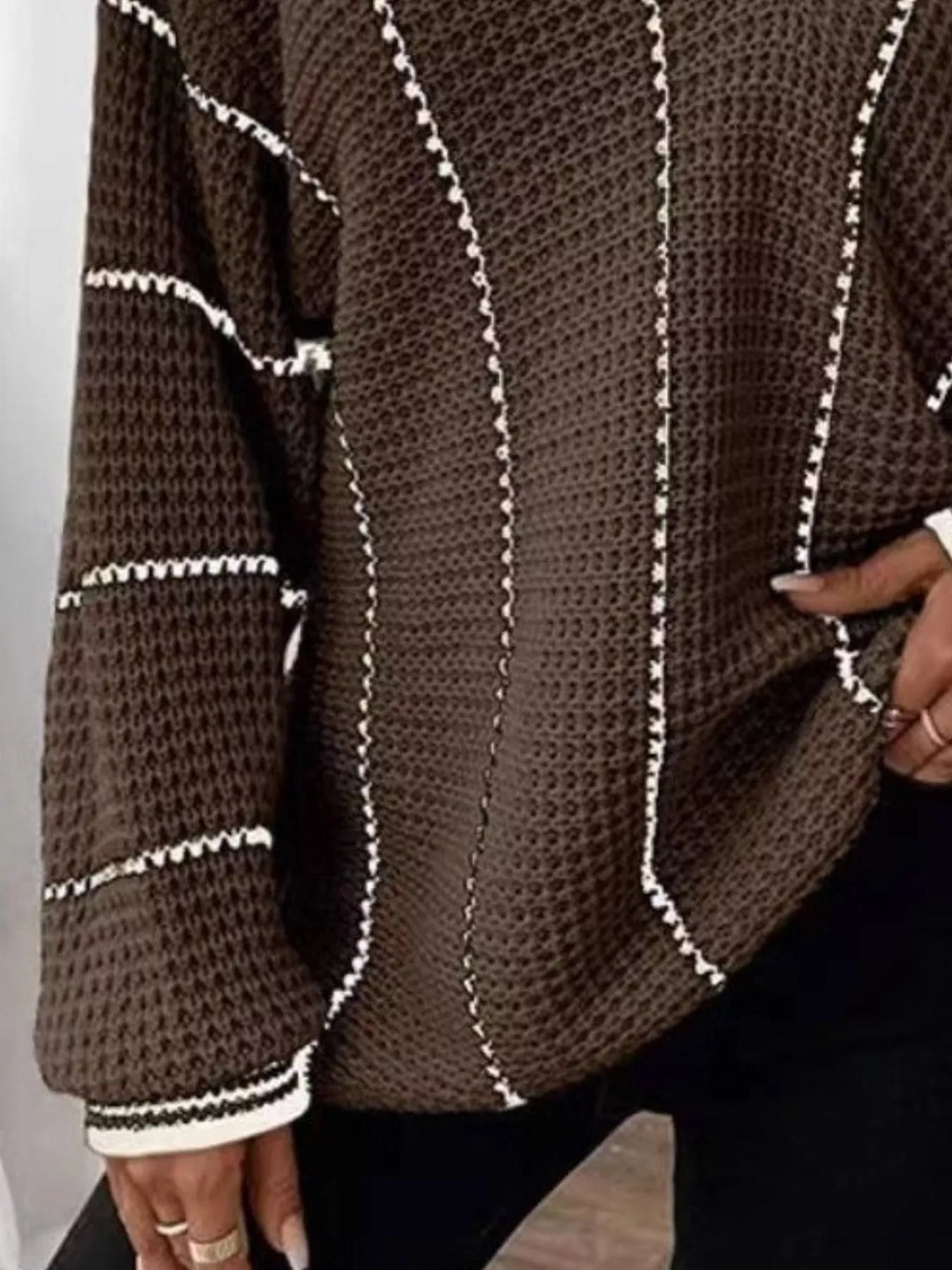 Waffle knit V-neck sweater with contrast stripe trim