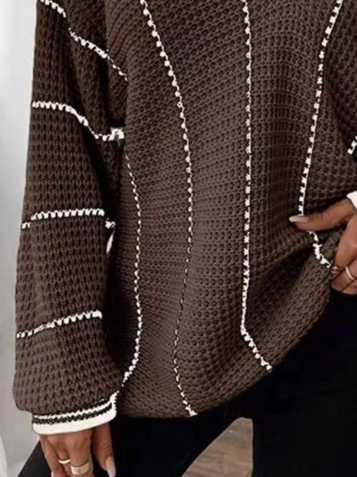 Waffle knit V-neck sweater with contrast stripe trim