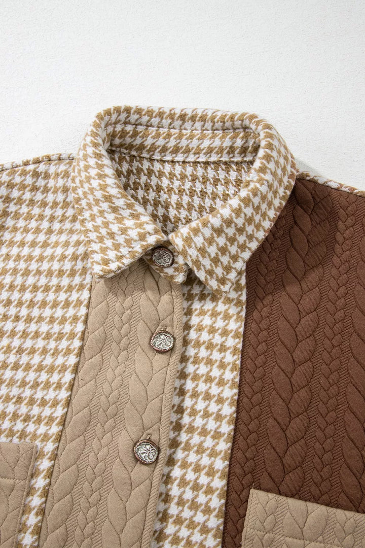 Houndstooth color block button-down shacket with chest pocket