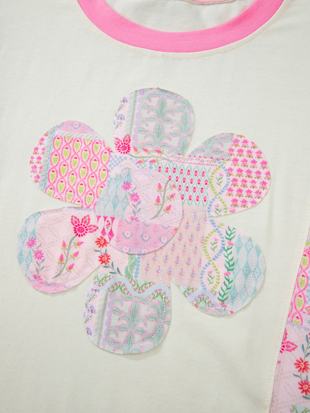 Floral patchwork crew-neck top with flower appliqué