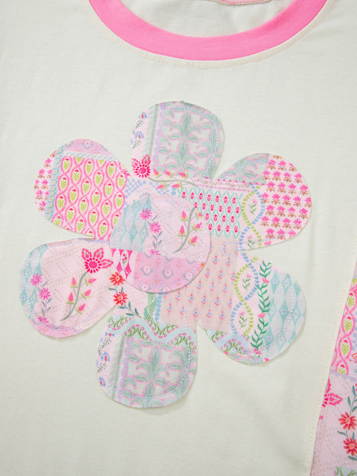 Floral patchwork crew-neck top with flower appliqué