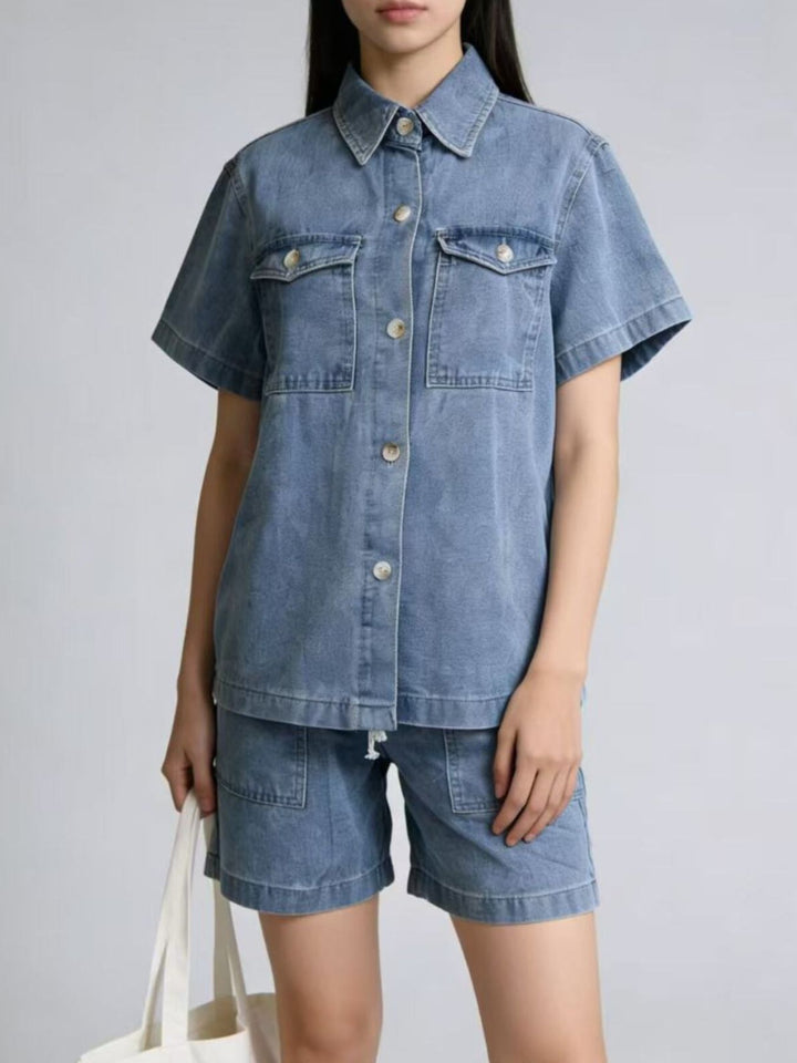 Sky Blue Short sleeve denim shirt and drawstring shorts set