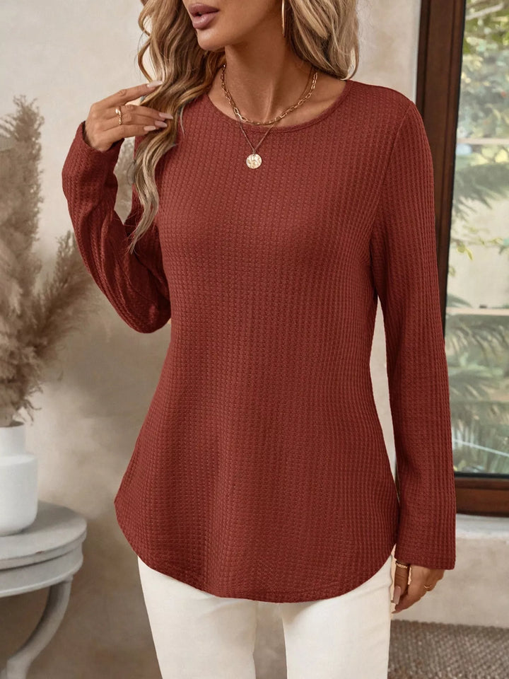 Rust Waffle knit crew neck long sleeve top with curved hem