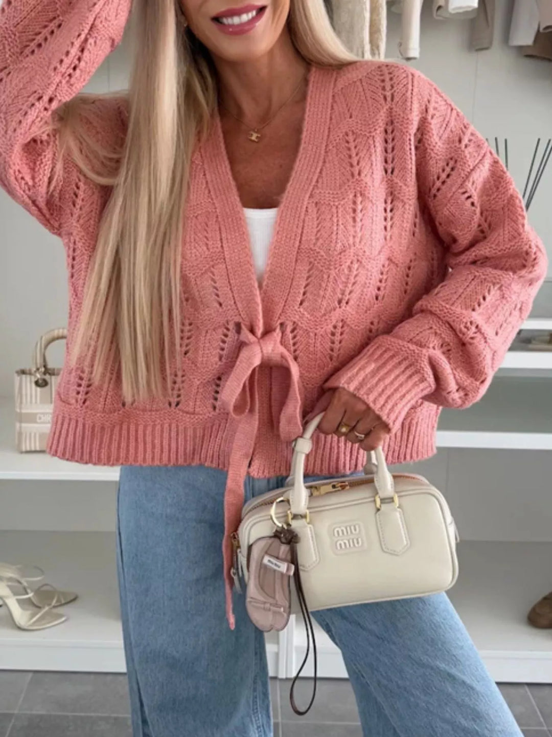 Openwork tie-front cropped knit cardigan