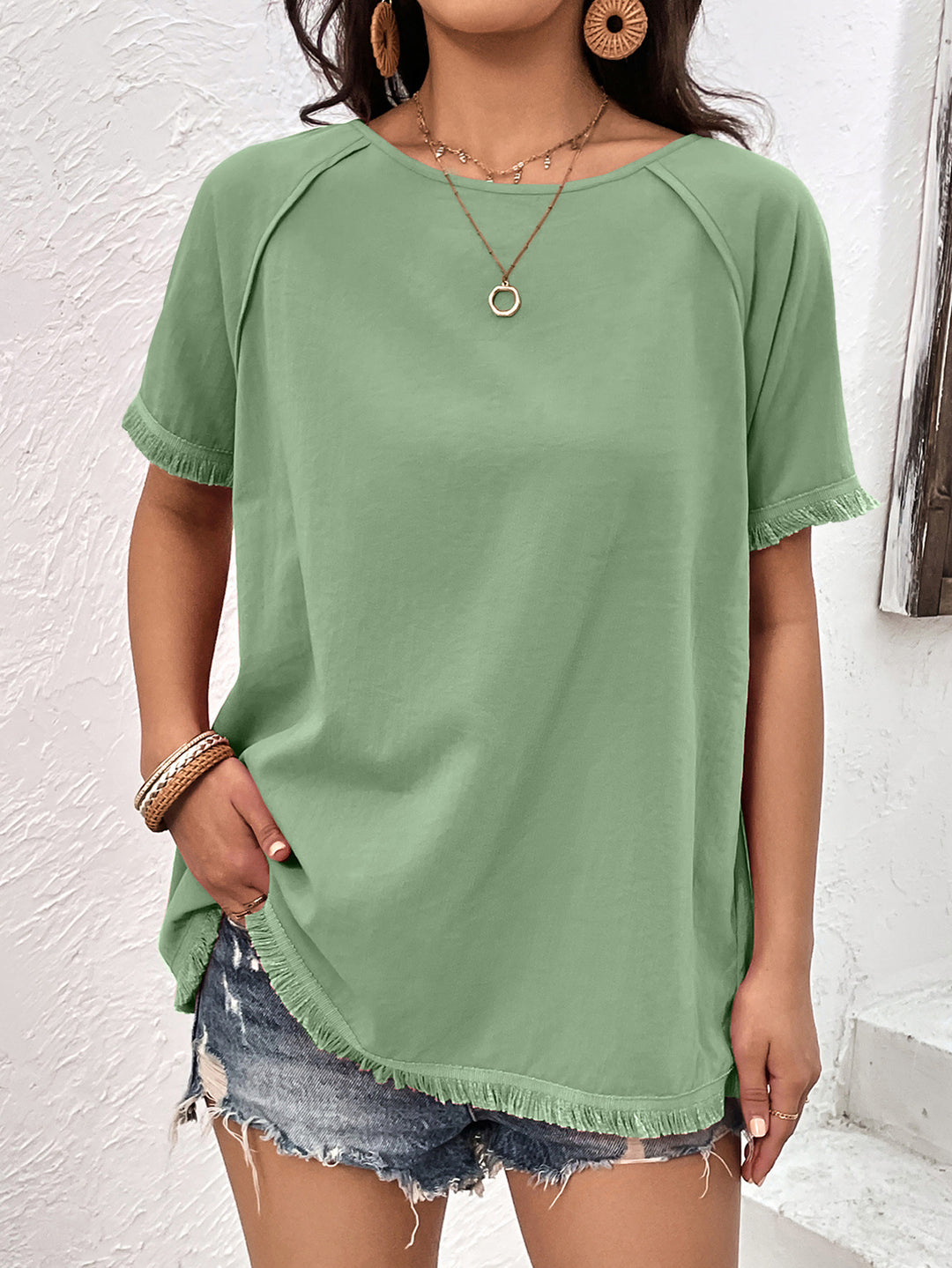 Light Green Fringe-trim raglan sleeve round neck tunic top