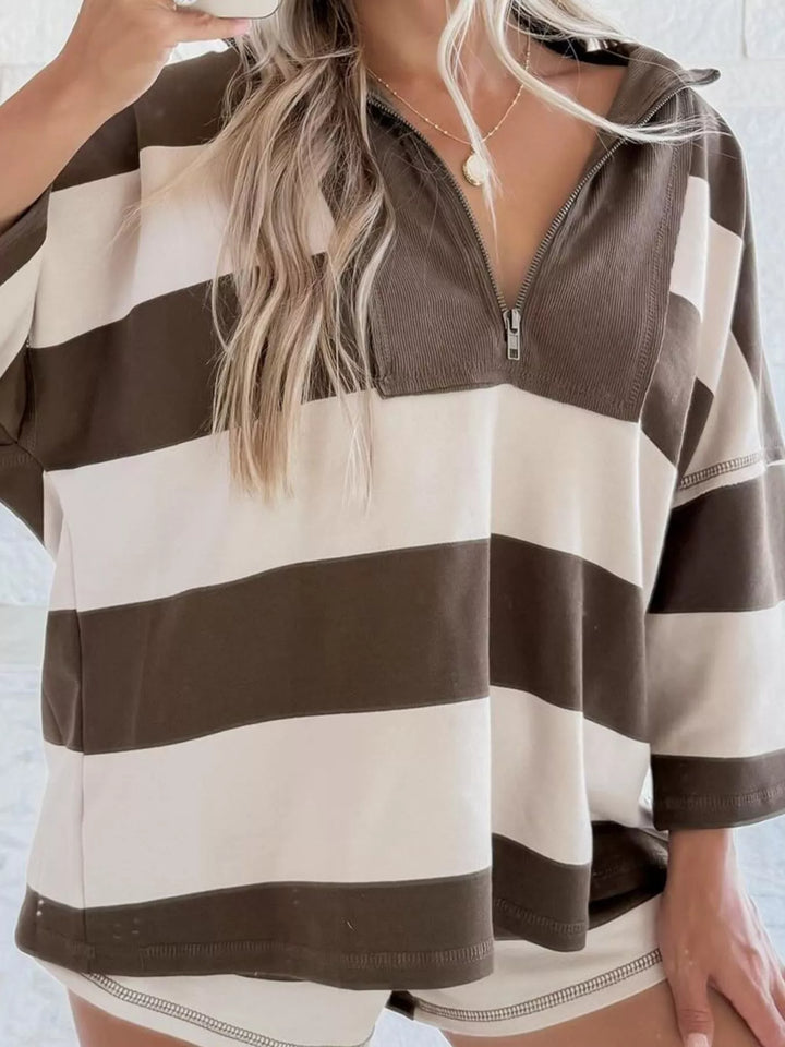 Striped quarter-zip pullover with ribbed collar