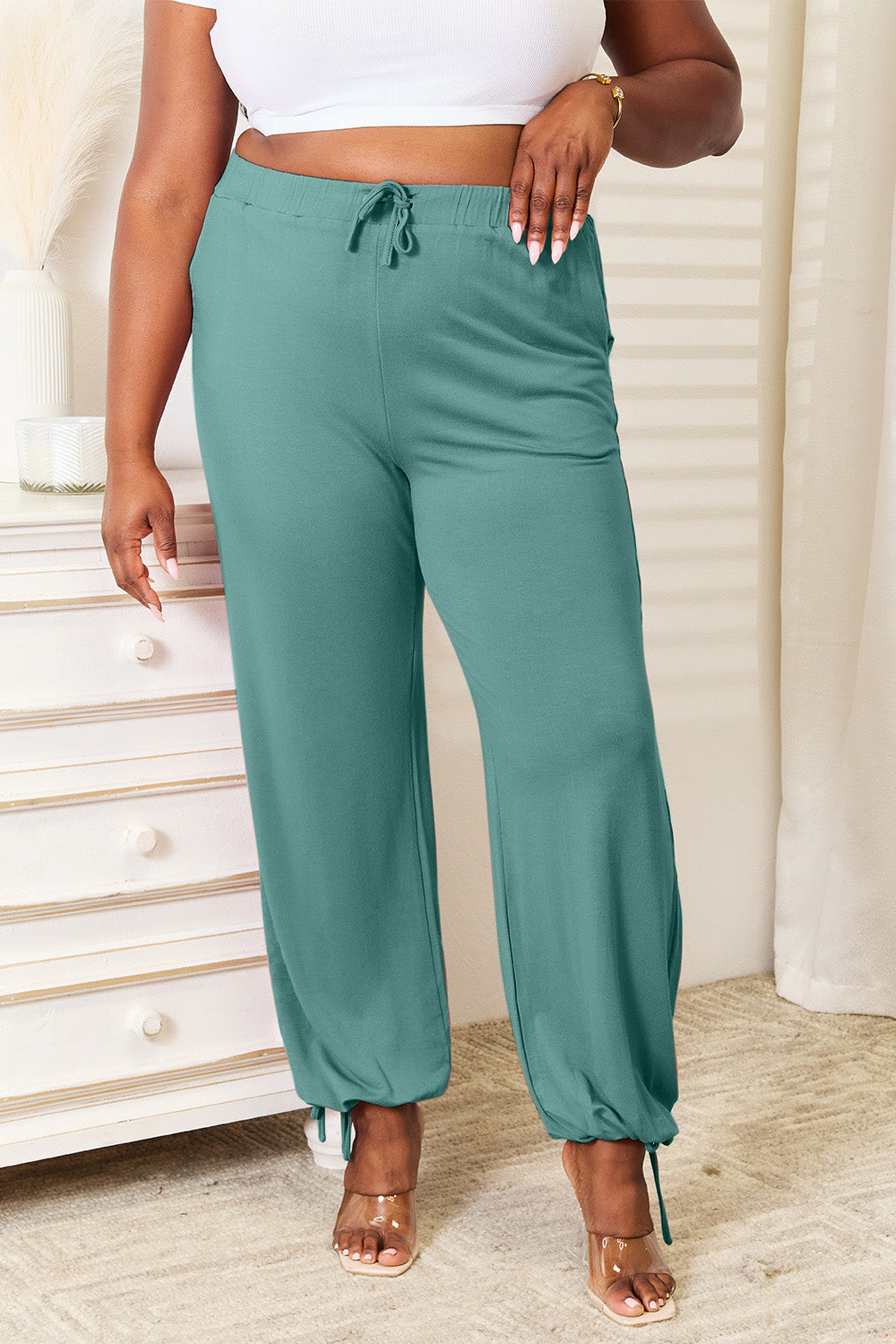 Soft rayon drawstring jogger pants with side pockets