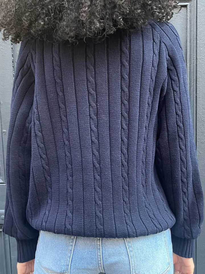 Cable knit V-neck pullover sweater with ribbed trim