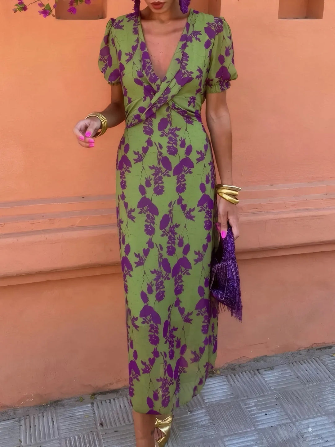 Floral print plunge midi dress with twist front and puff sleeves