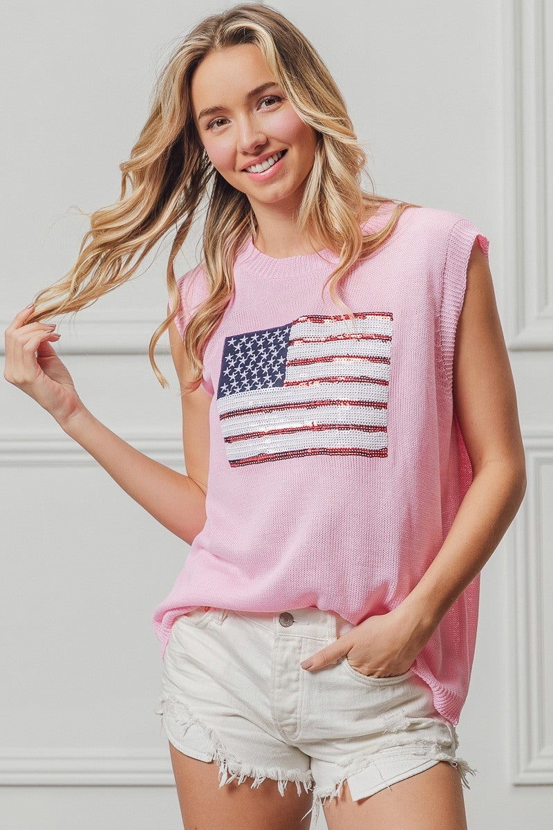 Sleeveless knit sweater vest with sequin American flag patch