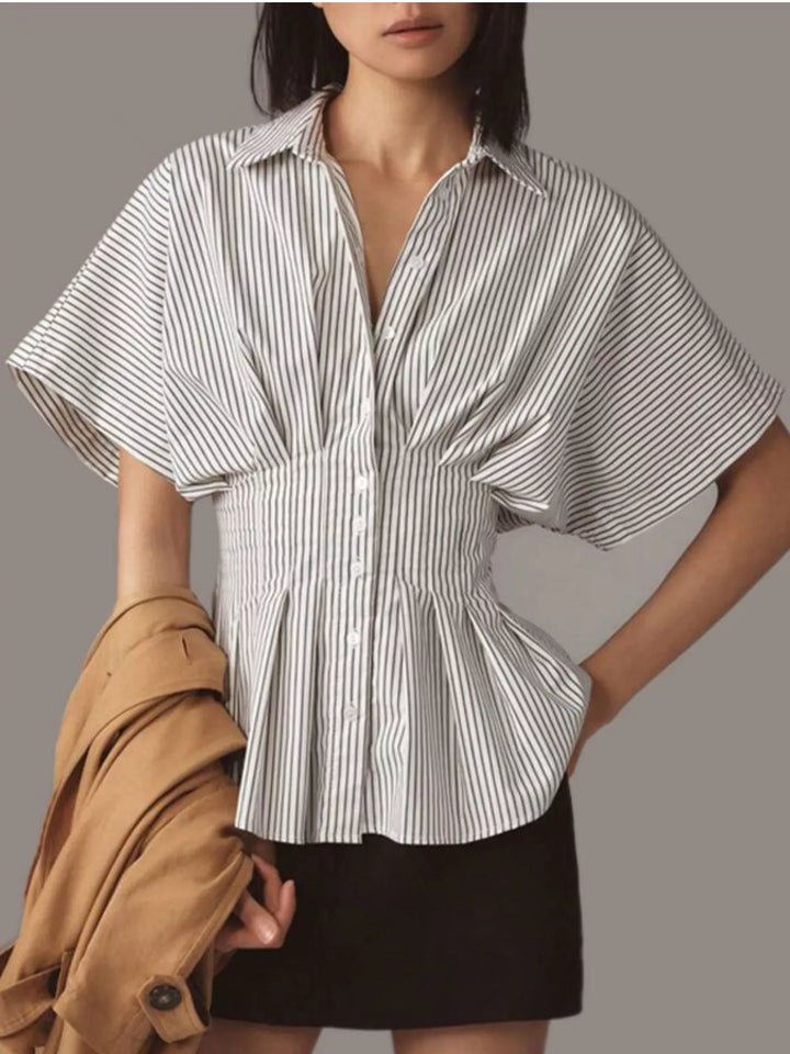 Black Striped button-down shirt with ruched cinched waist