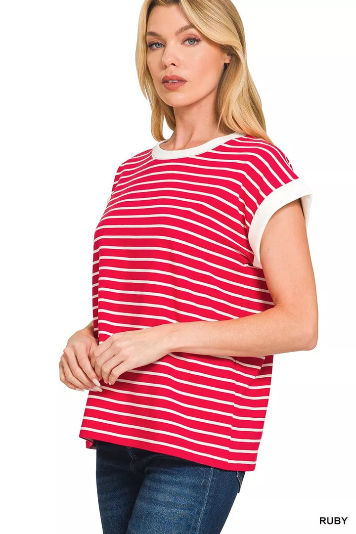 Striped cap sleeve tee with contrast trim