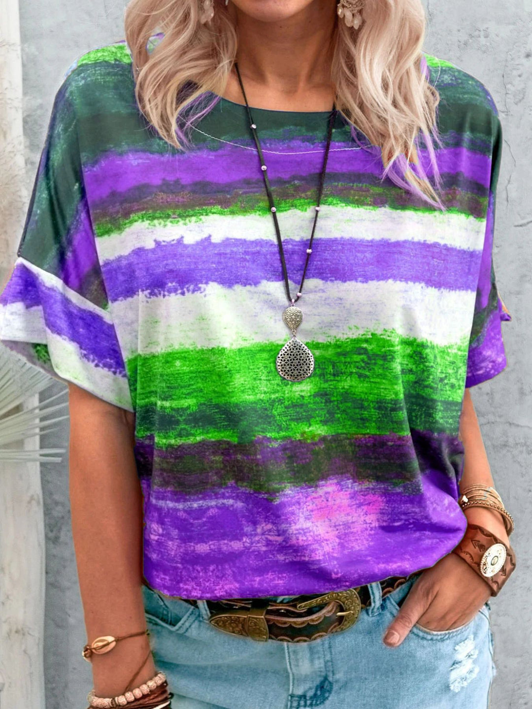 Purple Abstract stripe round-neck short sleeve t-shirt