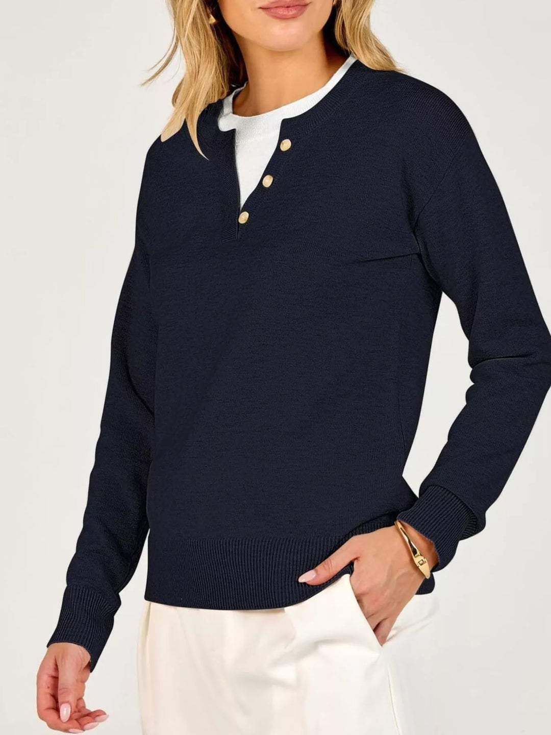 Navy Notch neck button-trim drop shoulder sweater