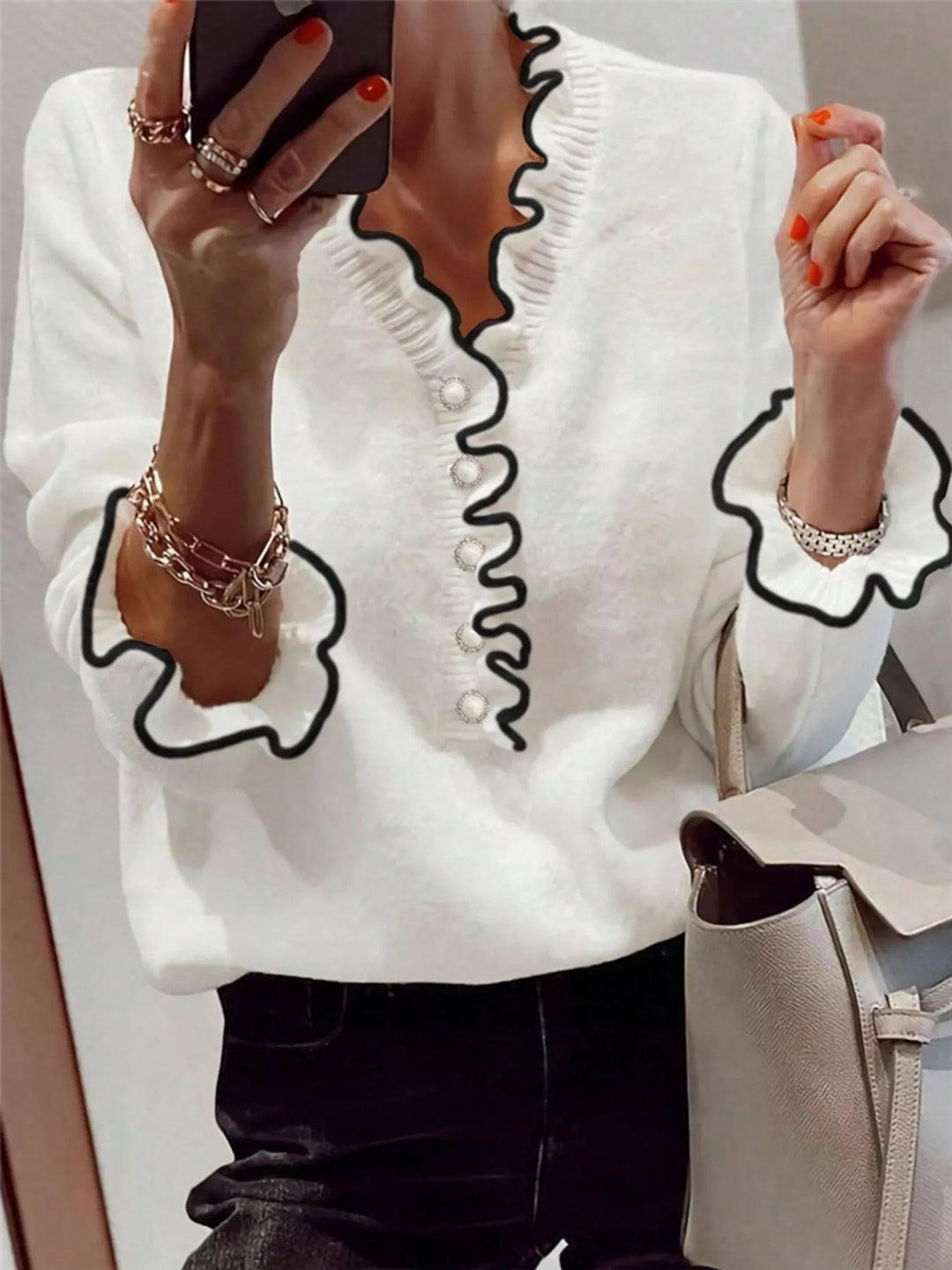 White Contrast ruffle-trim V-neck button-front sweater