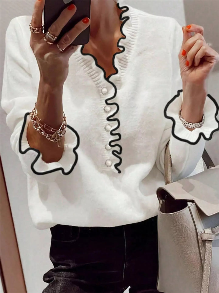 White Contrast ruffle-trim V-neck button-front sweater