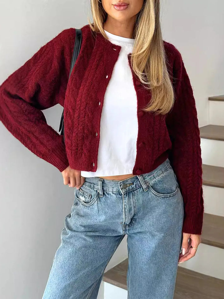 Red Cropped cable knit button-up cardigan with ribbed cuffs