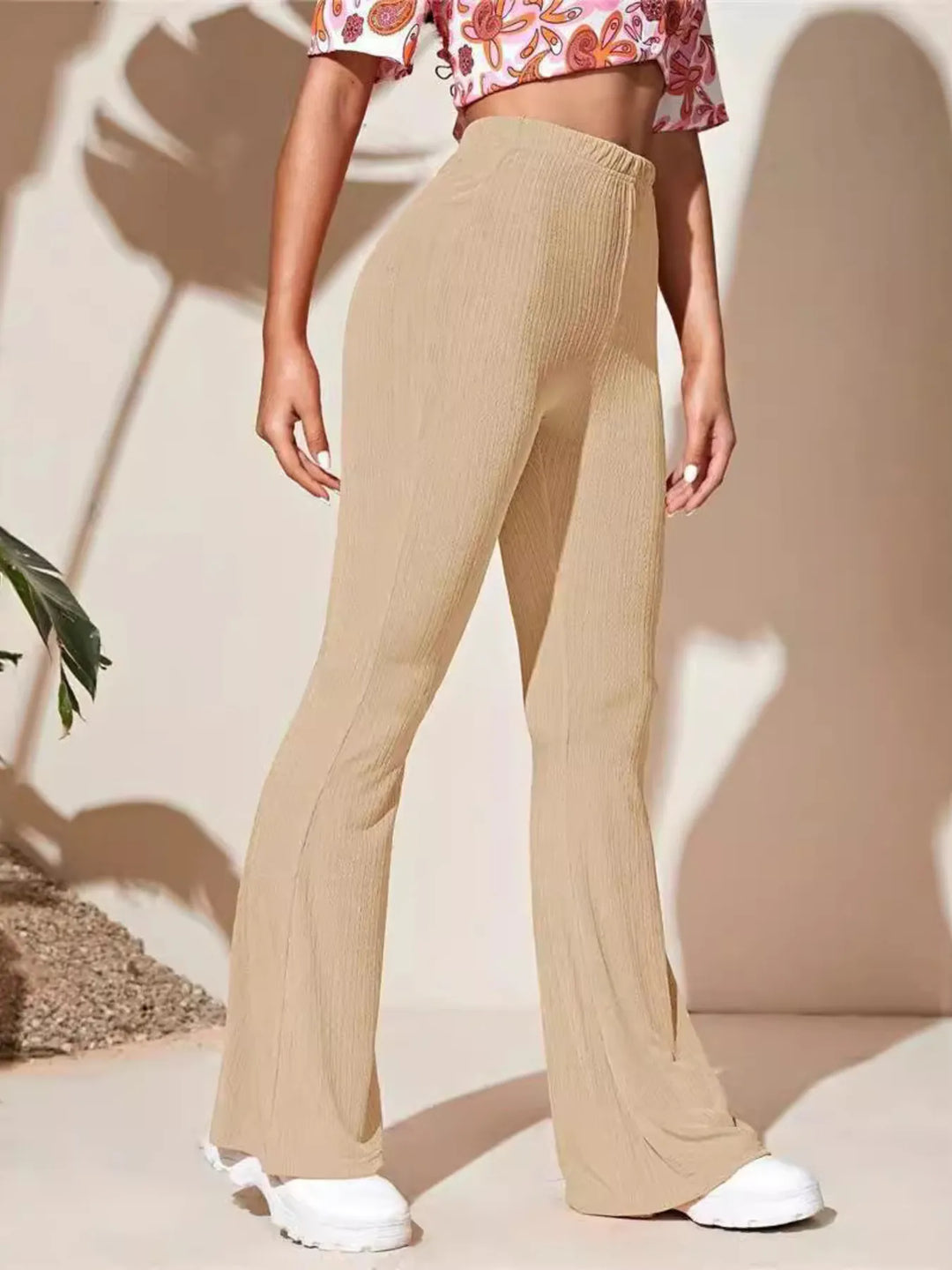Ribbed knit high-waist flare pants with stretch