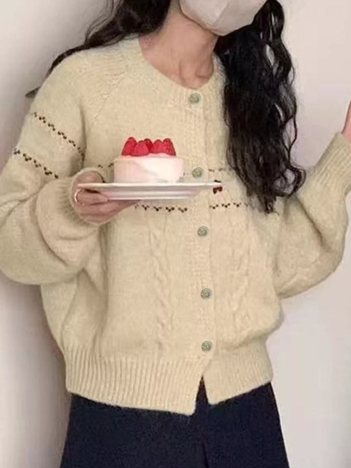 Floral embroidered cable-knit button-up cardigan