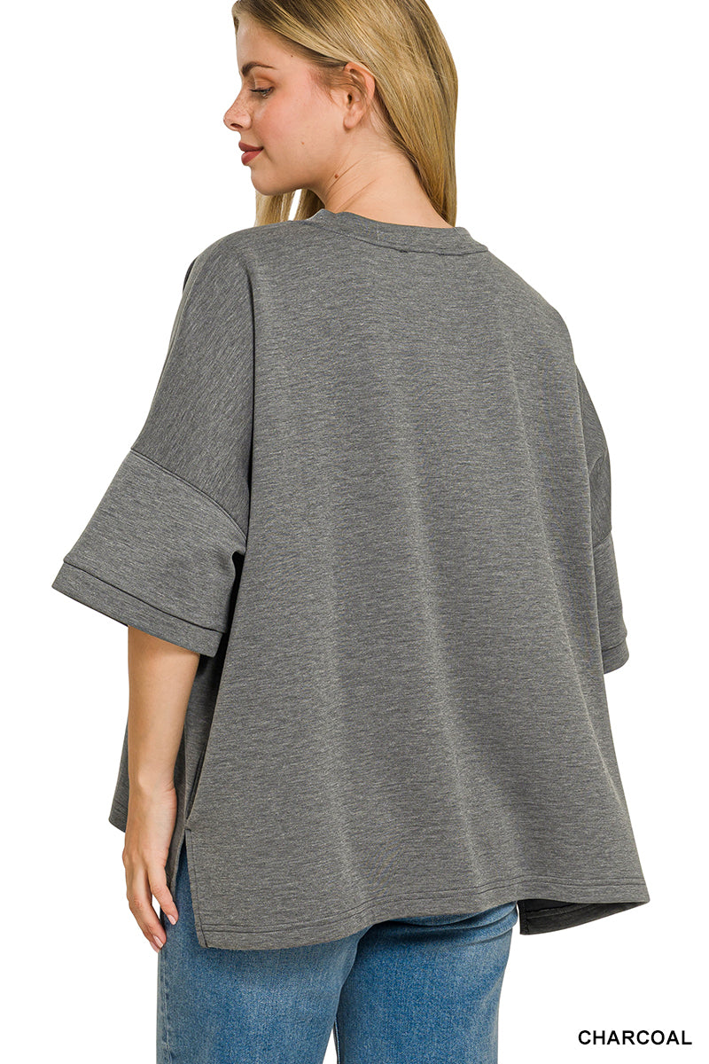 Scuba round-neck drop-shoulder top with side slits