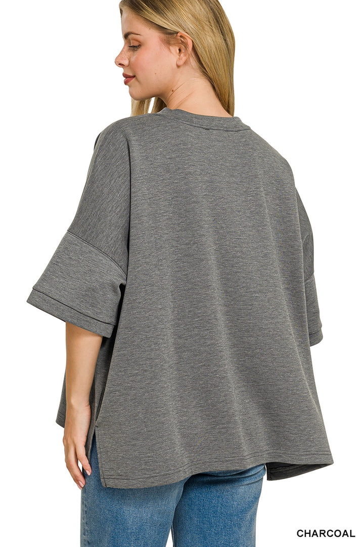 Scuba round-neck drop-shoulder top with side slits