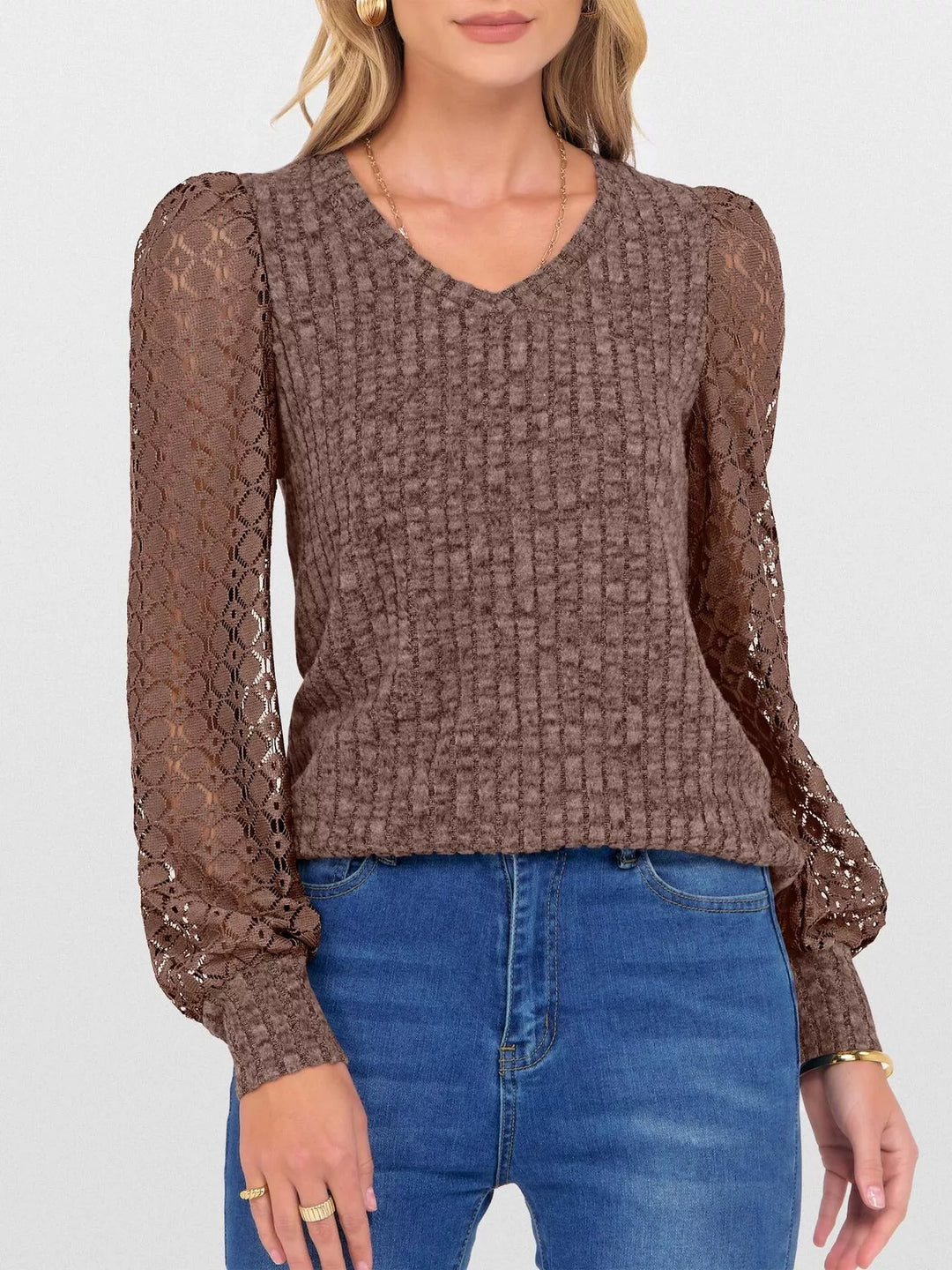 Dark Brown Sheer lace sleeve ribbed knit V-neck top