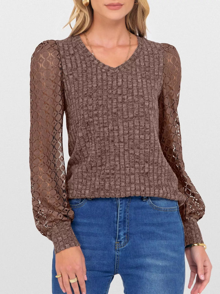 Dark Brown Sheer lace sleeve ribbed knit V-neck top