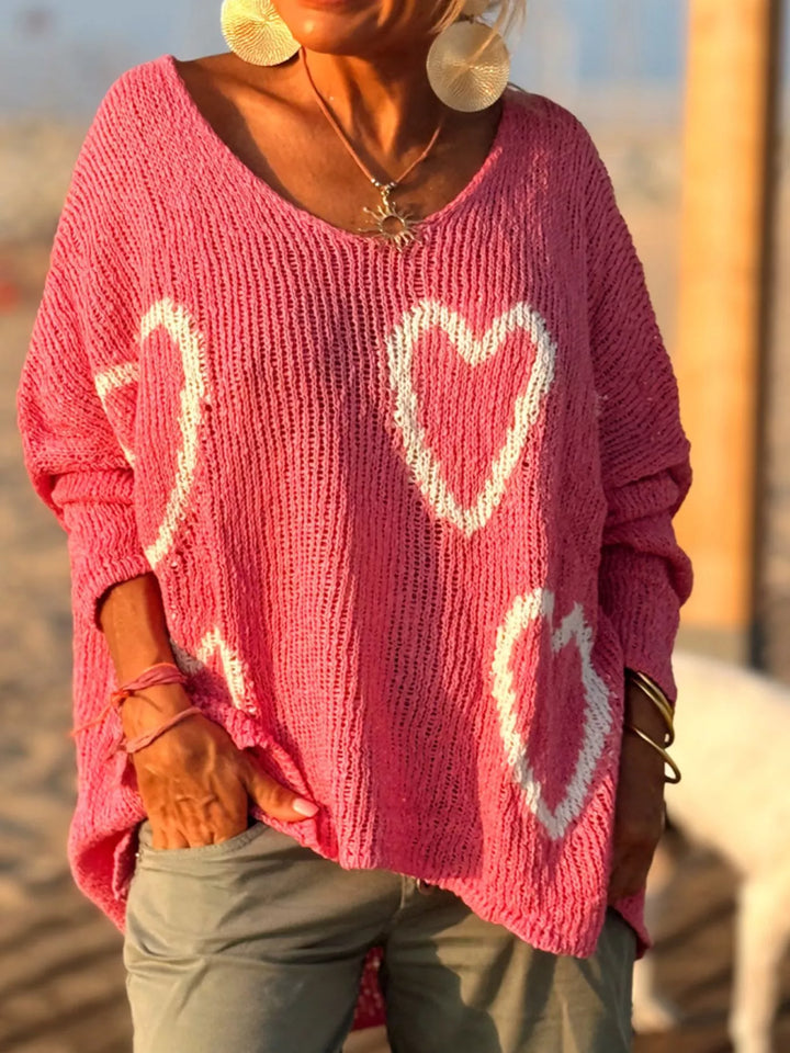 Rose Red Heart motif V-neck dropped-shoulder knit sweater