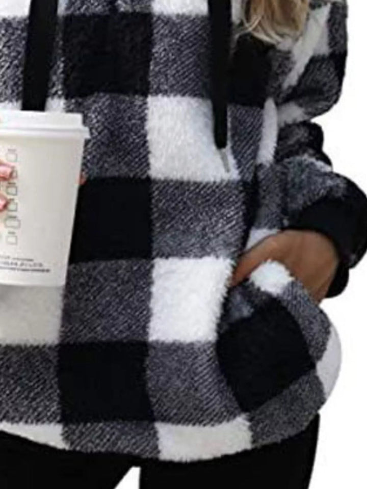 Plaid sherpa quarter-zip hoodie with front pocket
