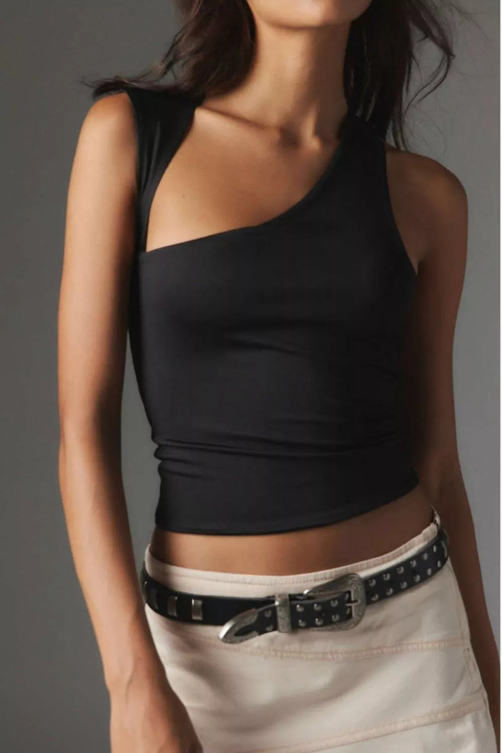 Black Fitted asymmetrical neckline sleeveless crop tank