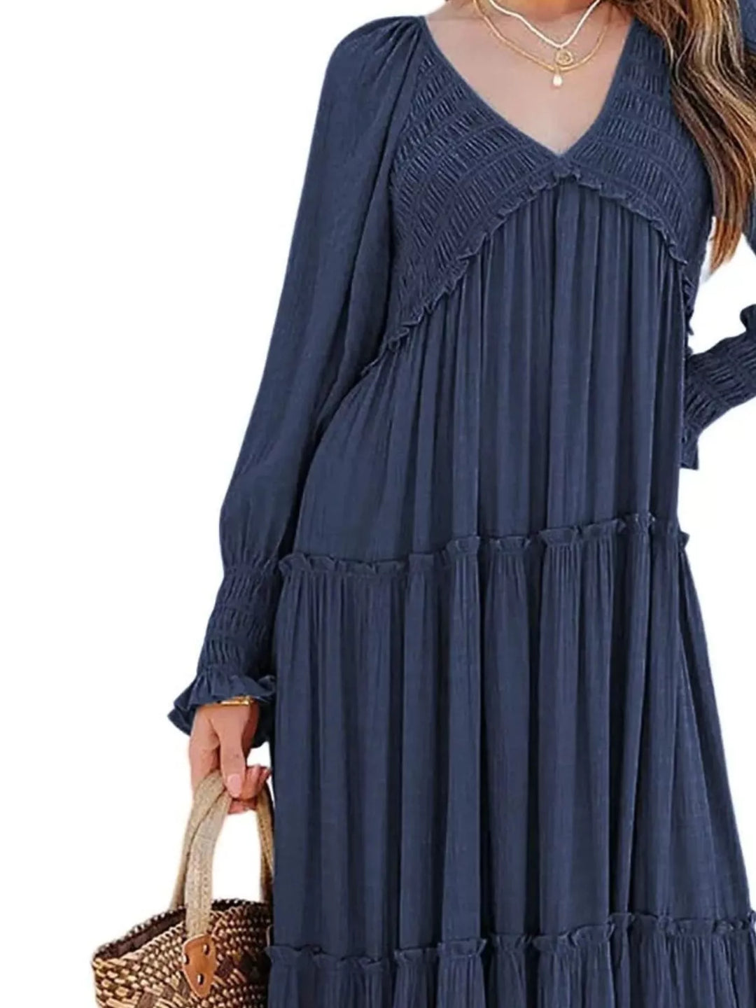 Smocked v-neck tiered maxi dress with long sleeves