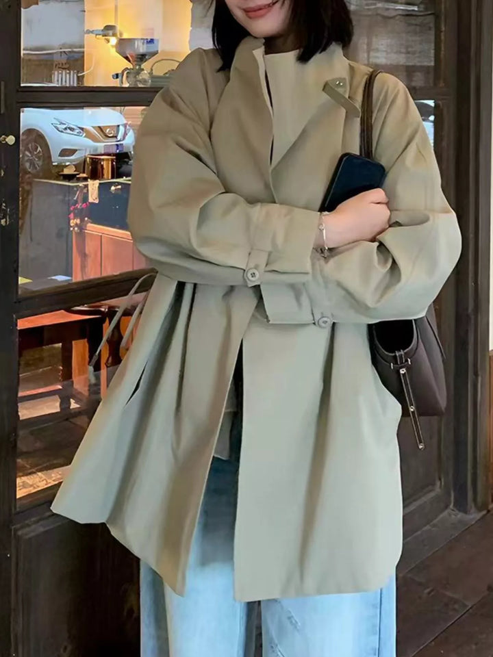 Tan Open front drawstring waist trench coat with notched lapel
