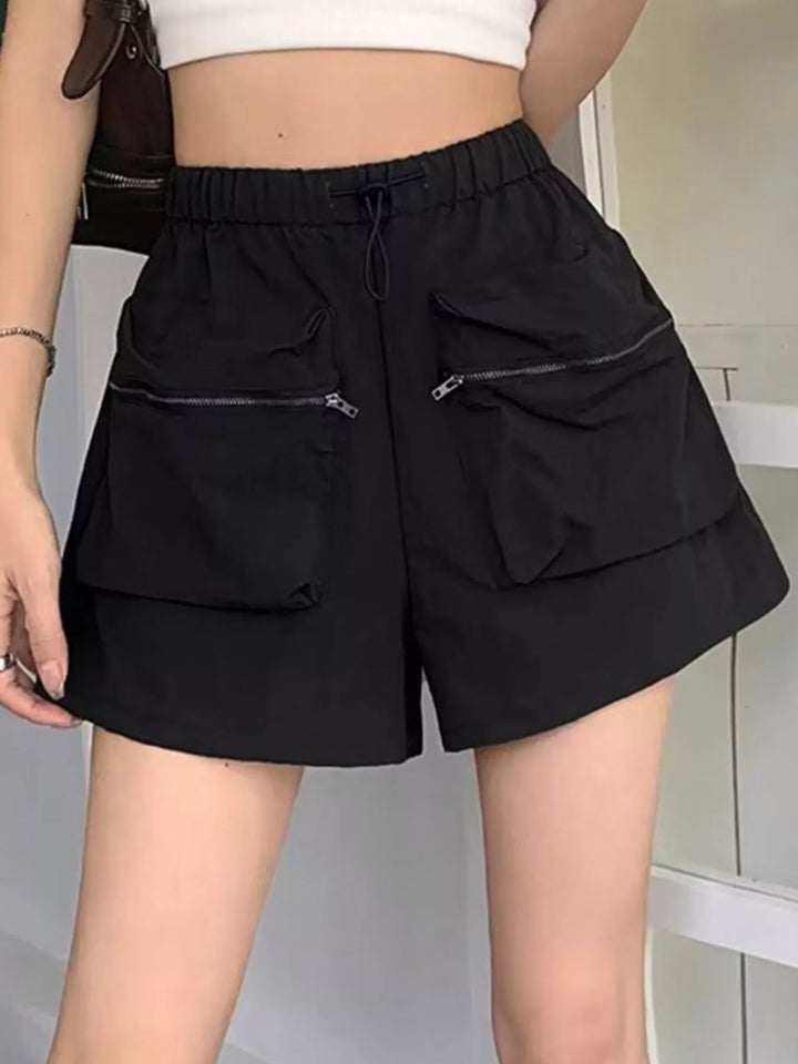 Black High-rise cargo shorts with zip pockets and drawstring waist
