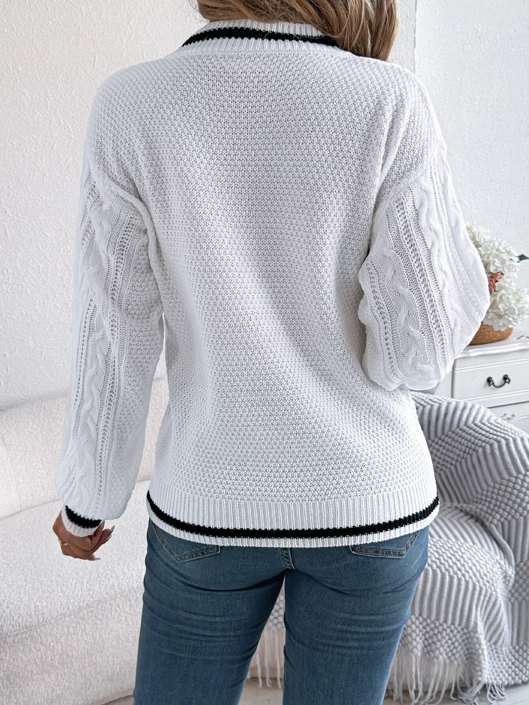 Mixed cable knit drop shoulder V-neck pullover sweater
