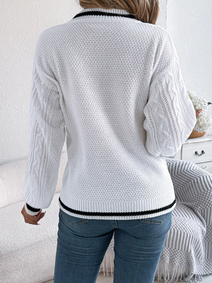 Mixed cable knit drop shoulder V-neck pullover sweater