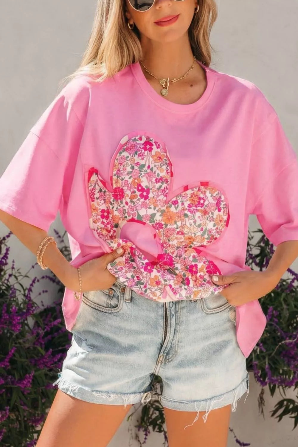 Oversized floral patch crew neck tunic tee