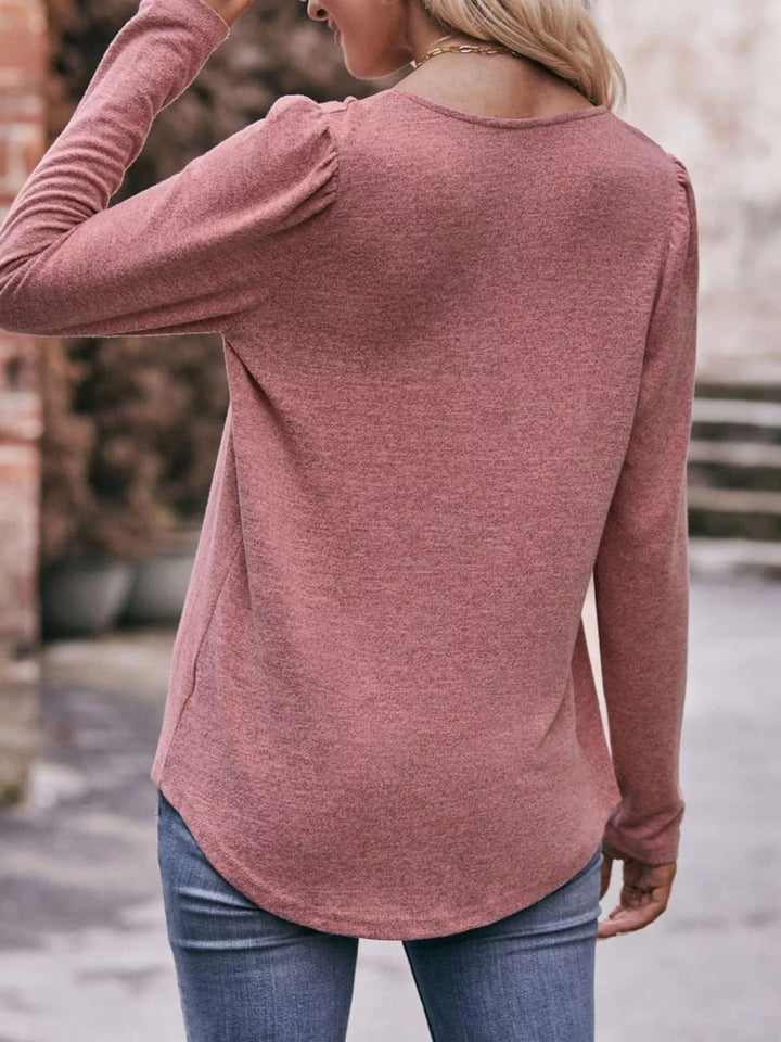 Pleated square neck long sleeve knit top