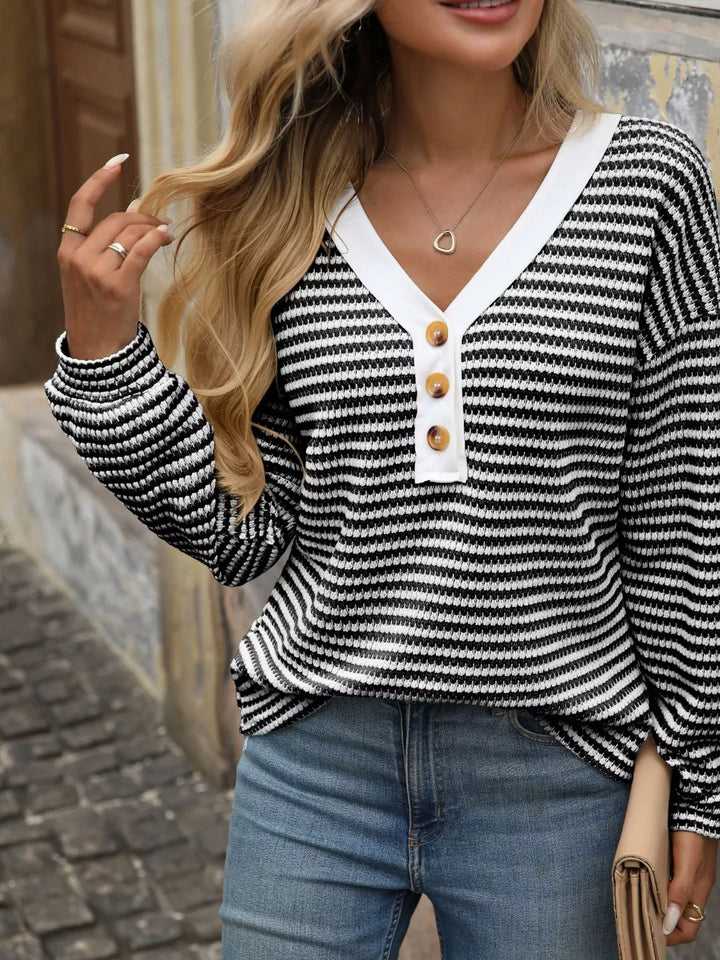 Striped waffle knit henley top with button placket
